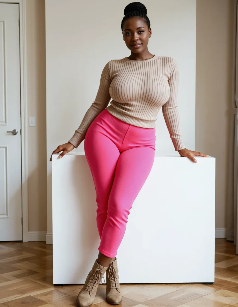The image shows a woman standing on top of a white box, wearing a beige sweater and hot pink leggings. The background of the image includes a wall, a door, and a curtain.