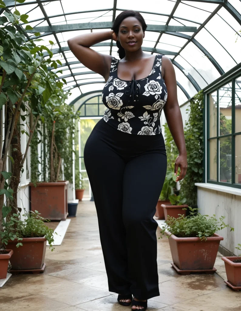 The image shows a woman in a black and white jumpsuit standing in a greenhouse surrounded by houseplants. She is standing on the floor and there is a glass roof above her.