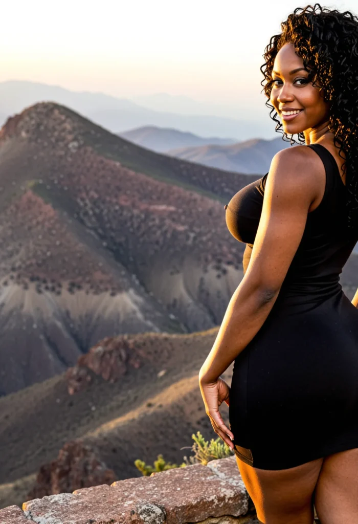 The image shows a woman in a black dress standing atop a mountain, with a bright smile on her face. The backdrop of the image is filled with lush green plants, rolling hills, and a clear blue sky.