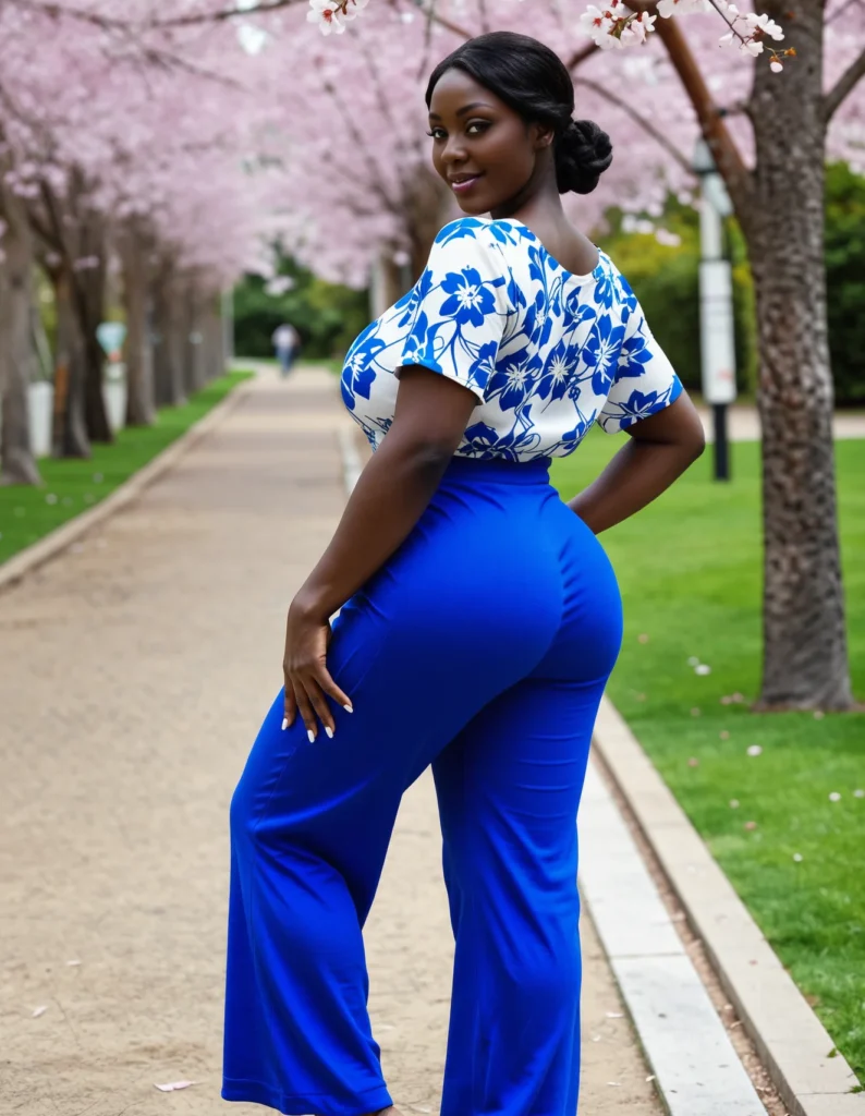 The image shows a woman standing on a pathway surrounded by grass, a group of trees with flowers, a signboard attached to a pole, and a person walking on the pathway. She is wearing a blue and white floral top and wide legged pants.