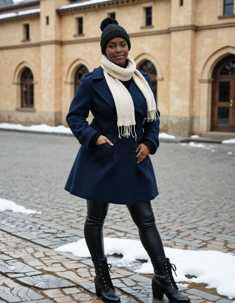 The image shows a woman standing in the snow wearing a navy blue coat, black leather pants, a scarf, and a hat. The background of the image is a building with windows and a door, and the sky is visible at the top.