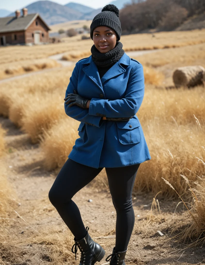 The image shows a woman standing in a field with her arms crossed, wearing a blue coat, black boots, and a baseball glove. The background of the image includes dried grass, a house with a roof, a group of trees, the hills, and the sky.