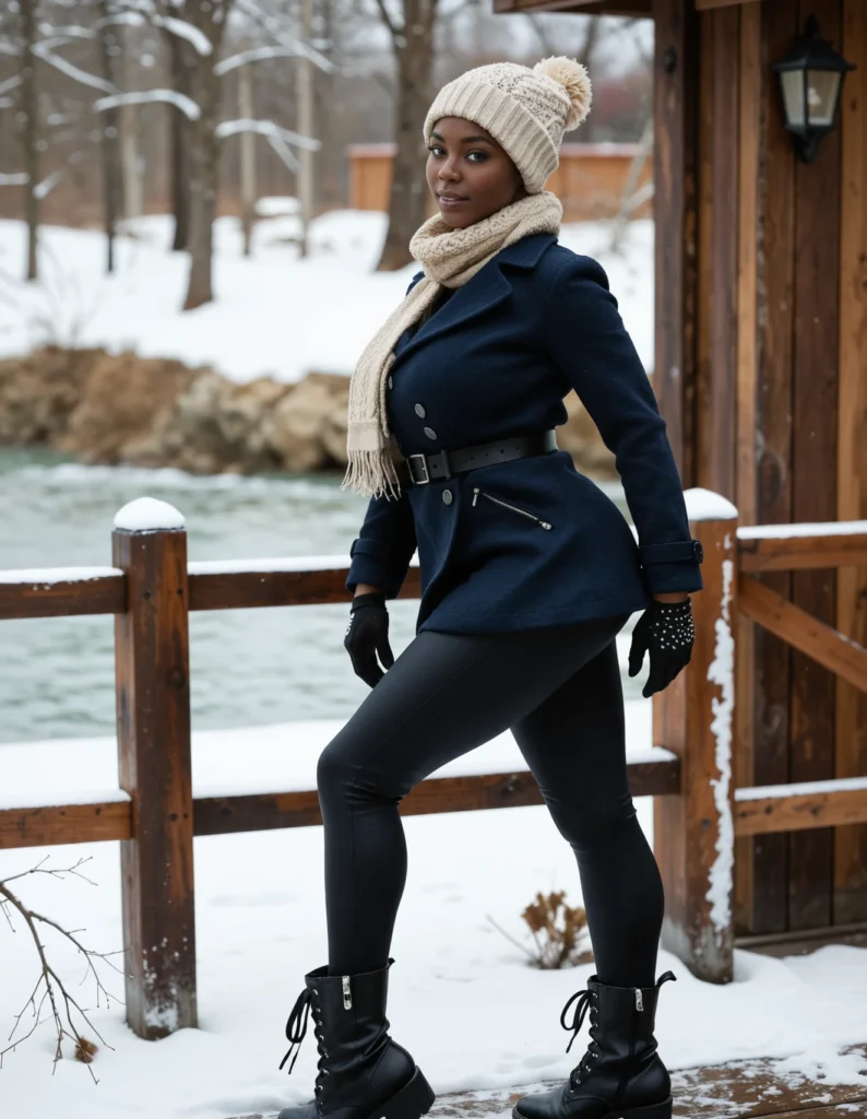 The image shows a woman standing on a wooden deck in the snow. She is wearing a navy peacoat, black leggings, a cream-colored cap, black gloves, and black boots. The background of the image is filled with a wooden fence, a light attached to the wall, a few trees in green, and a white sky.
