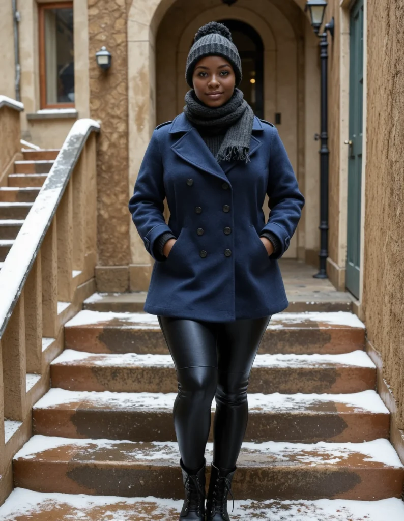 The image shows a woman standing on the steps of a building wearing a blue coat and black leather pants, with a hat and boots completing her outfit. The background of the image includes a building with windows, a door, a light pole, and a railing.