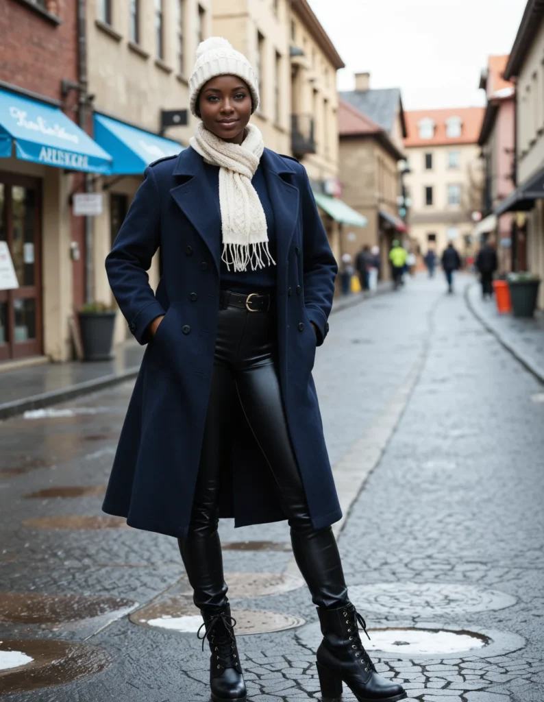 The image shows a woman standing on the street wearing a navy coat, black leather pants, a white hat, and boots. In the background, there are buildings, people, and a clear blue sky.