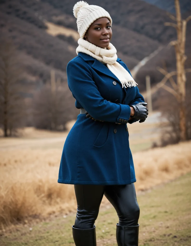 The image shows a woman standing in a field wearing a blue coat, a white hat, and black boots. The background of the image is filled with lush green grass, tall trees, rolling hills, and a bright blue sky.