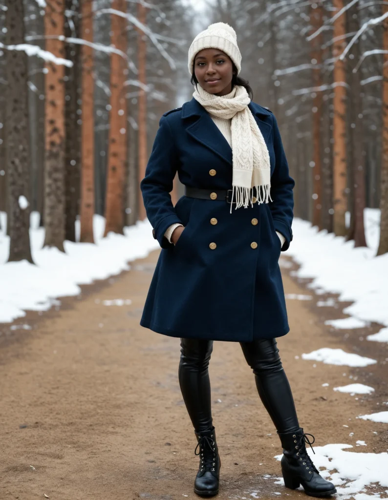 The image shows a woman standing in the snow wearing a navy blue coat, a white hat, and a scarf. The background of the image is filled with trees covered in a blanket of snow.