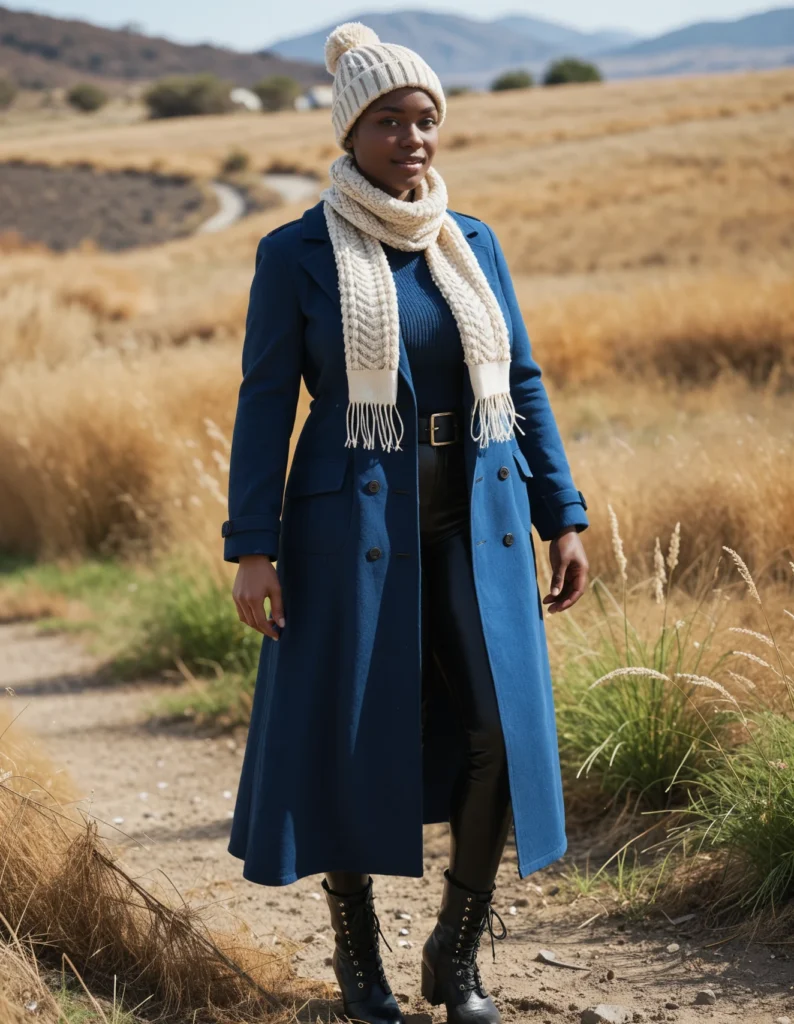 The image shows a woman standing on a dirt road wearing a blue coat and a white hat, surrounded by plants, grass, a group of trees, the hills, and a cloudy sky.