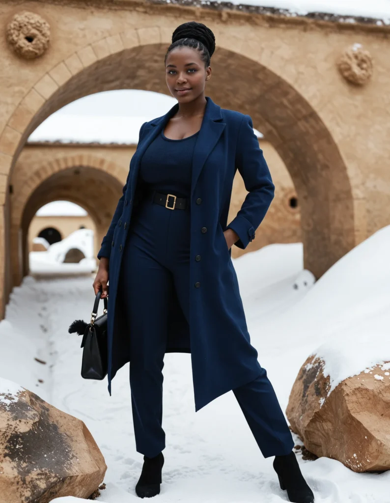 The image shows a woman standing in the snow wearing a navy blue coat and pants, holding a bag in her hand. Behind her is a wall with arches, and the ground is covered in a blanket of snow.