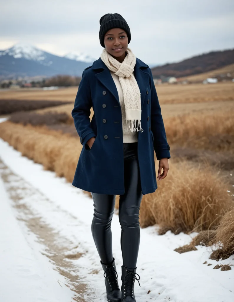 The image shows a woman standing in the snow wearing a navy pea coat, black leather pants, a scarf, and a cap. The background of the image is filled with dried grass, mountains, and clouds in the sky.