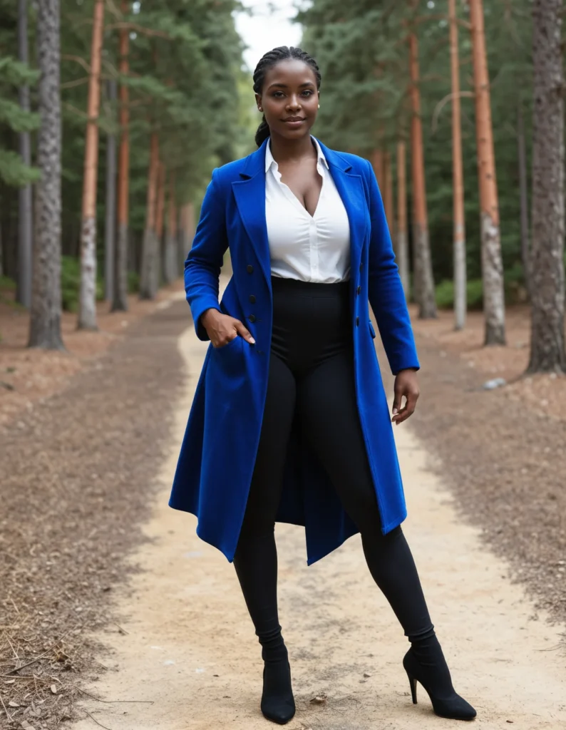 The image shows a woman standing on a dirt road surrounded by trees and a clear blue sky. She is wearing a blue coat and black pants.