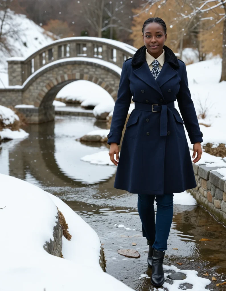 The image shows a woman in a blue coat walking across a bridge over a stream in the snow. The bridge is surrounded by trees and plants, and the ground is covered in a blanket of snow.