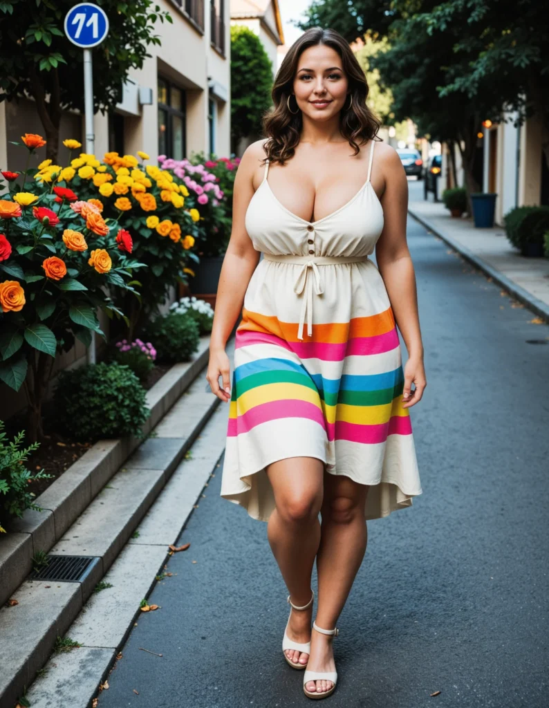 The image shows a woman walking down the street in a colorful striped dress, surrounded by plants with flowers, a signboard attached to a pole, a group of trees, some vehicles on the ground, some buildings with windows, and a cloudy sky.