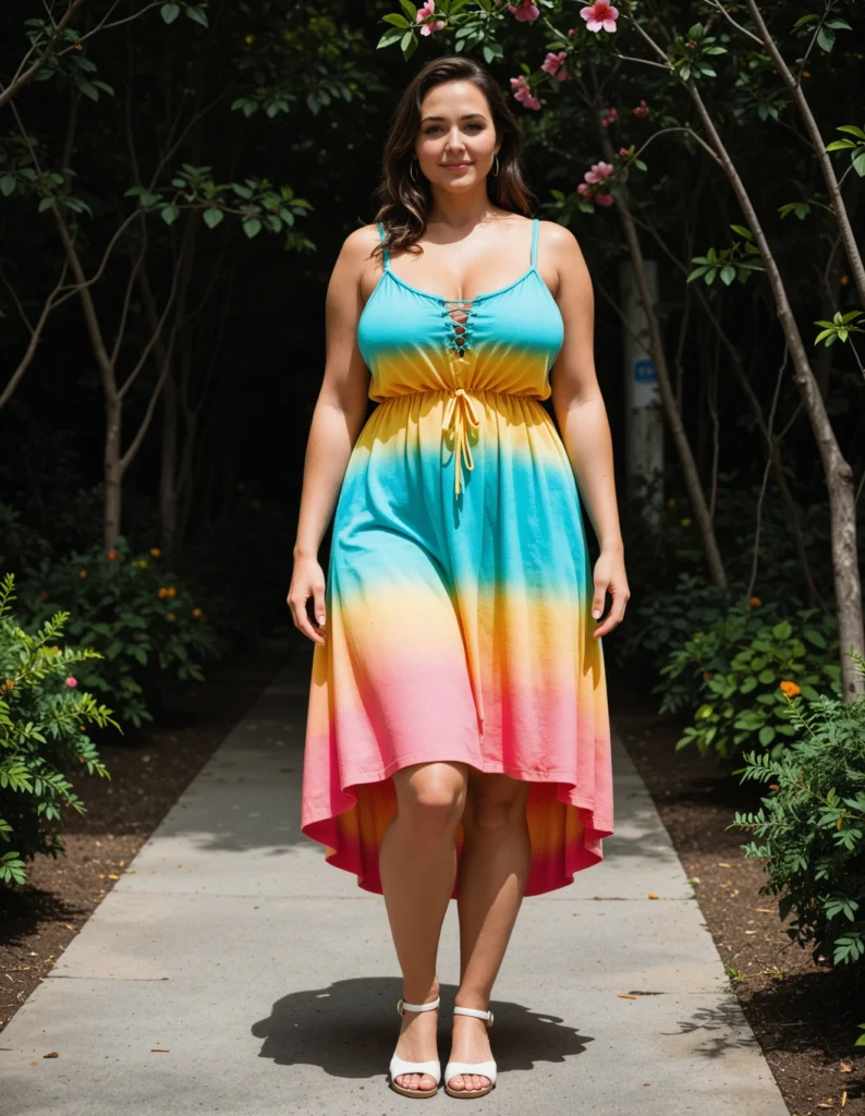 The image shows a woman standing on a sidewalk in a colorful tie dye dress, surrounded by trees and plants with flowers in the background.