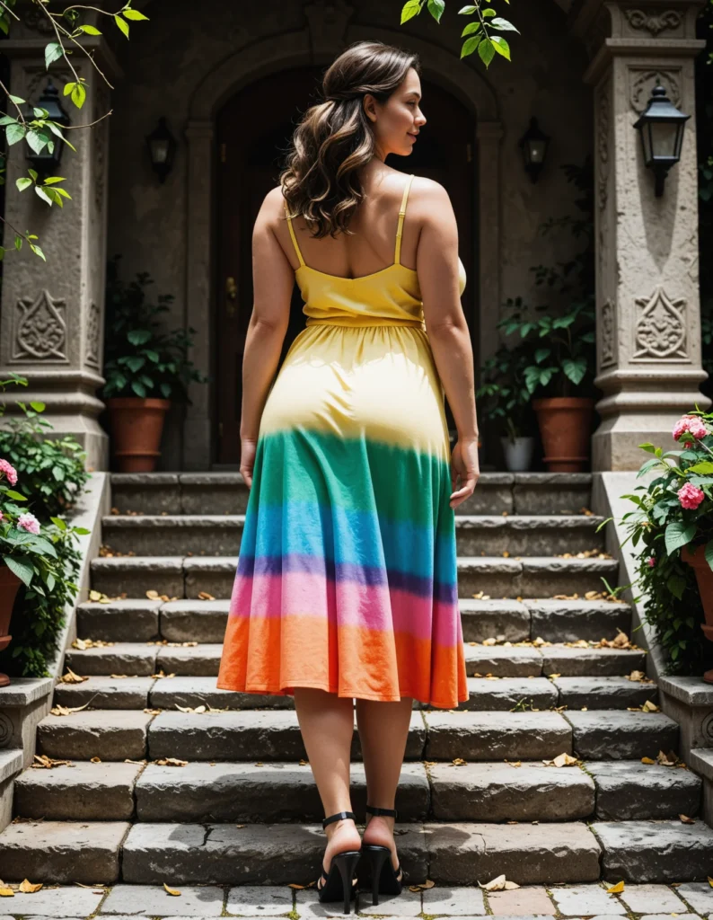 The image shows a woman standing on the steps of a building wearing a plus size rainbow midi dress. The dress is composed of a variety of colors, including red, orange, yellow, green, blue, and purple, and is made of a lightweight fabric. The woman is surrounded by lush greenery, with trees and plants in the background, and a few lights illuminating the scene.