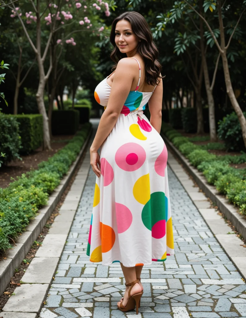 The image shows a woman standing on a pathway surrounded by plants, trees, and flowers. She is wearing a white dress with colorful polka dots, giving it a vibrant and cheerful look.
