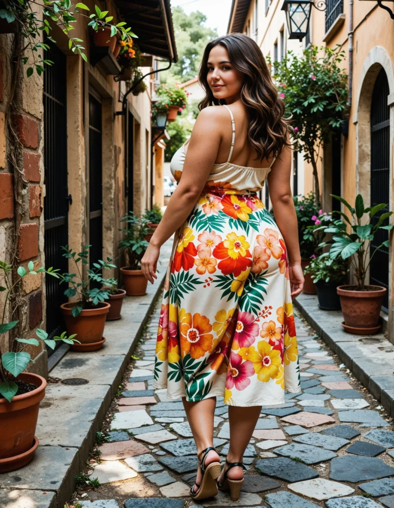 The image shows a woman walking down a cobblestone street in a floral dress, surrounded by buildings, plants, trees, and a clear blue sky.