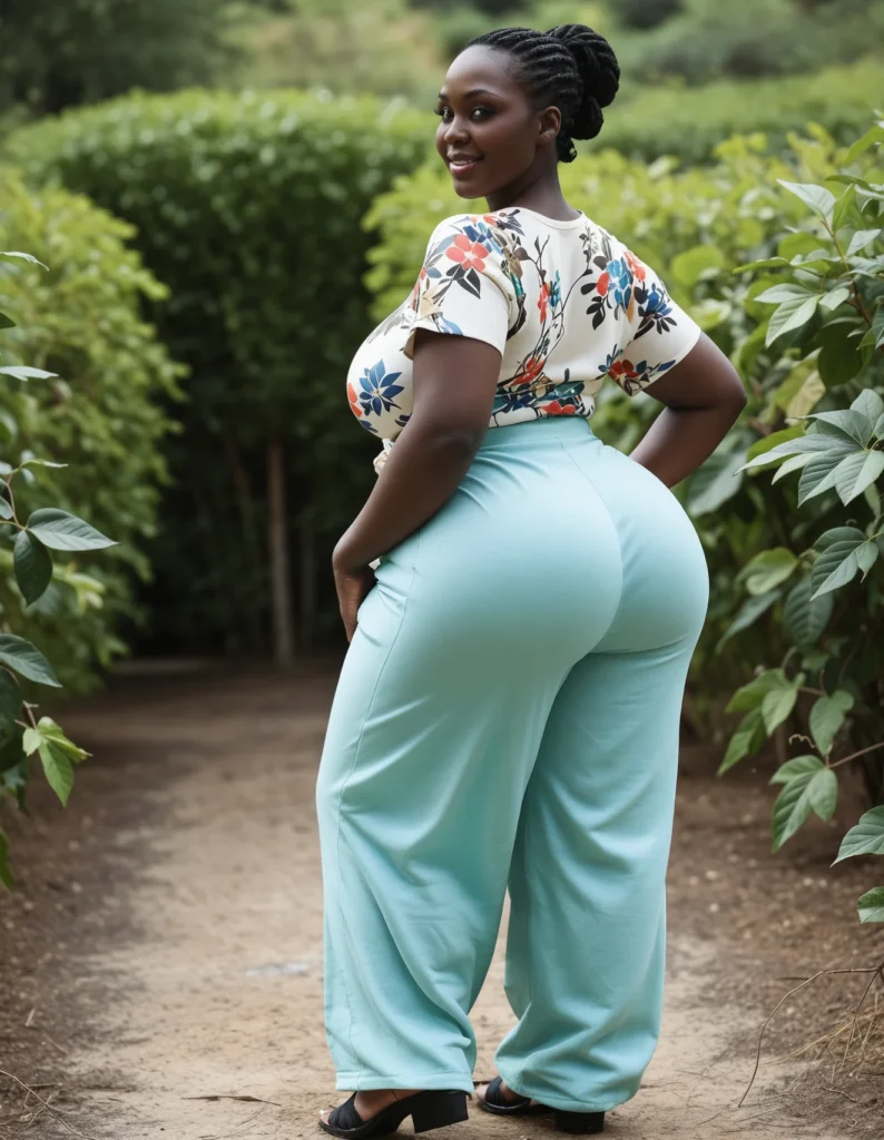The image shows a woman standing on a dirt road, smiling, wearing a white top and mint green plus size wide leg pants. The background of the image is filled with plants and trees.