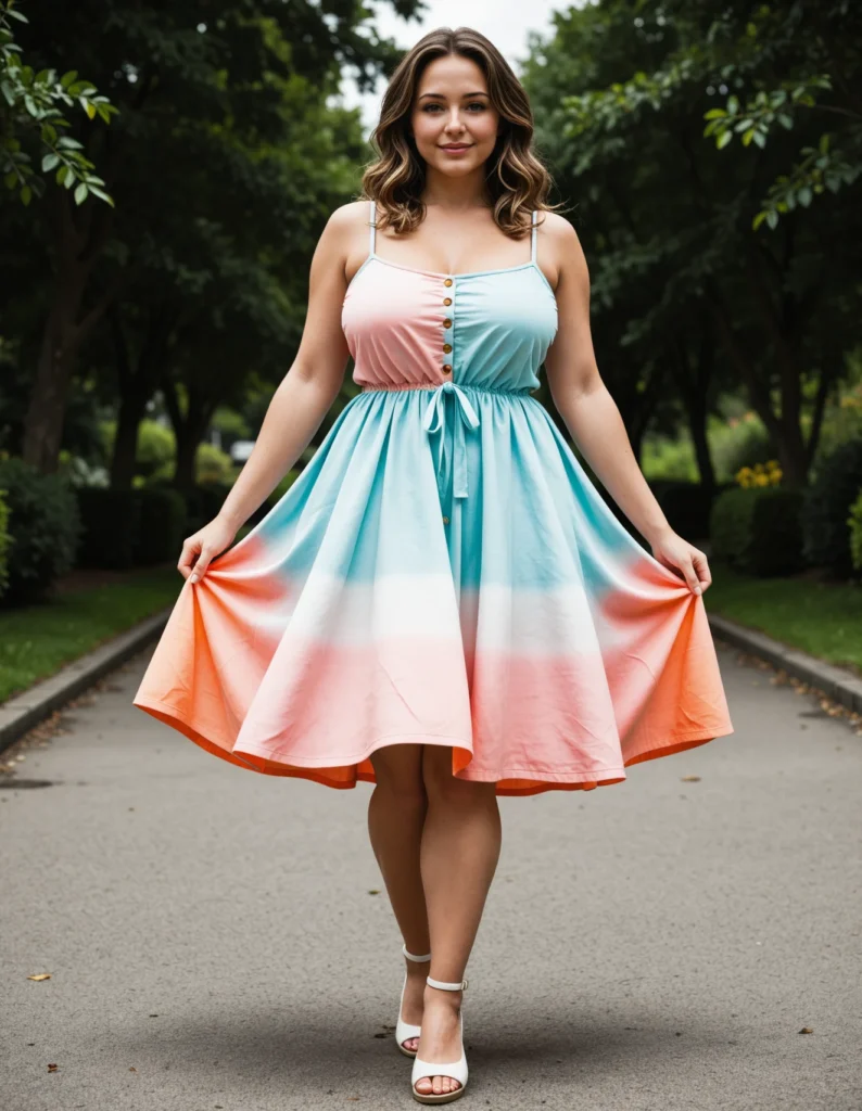 The image shows a woman standing on the road, smiling, wearing a pink and blue ombretta dress. The background of the image is filled with trees, plants, grass, and a clear blue sky.