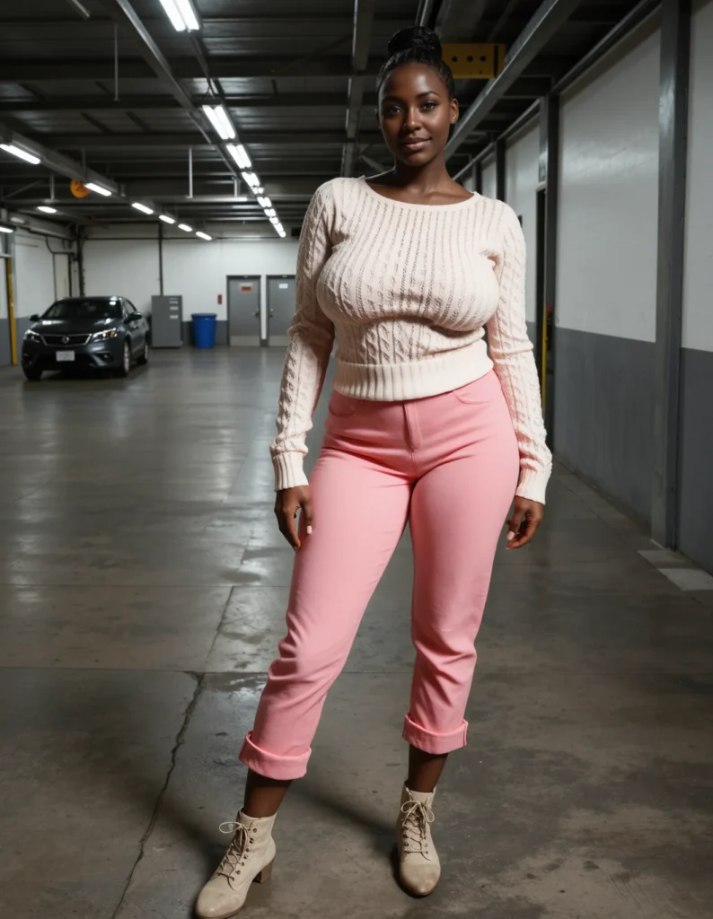 The image shows a woman standing in a parking garage wearing a white sweater and pink pants. She is surrounded by a car, a trash bin, and a can, and the ceiling is illuminated by lights.