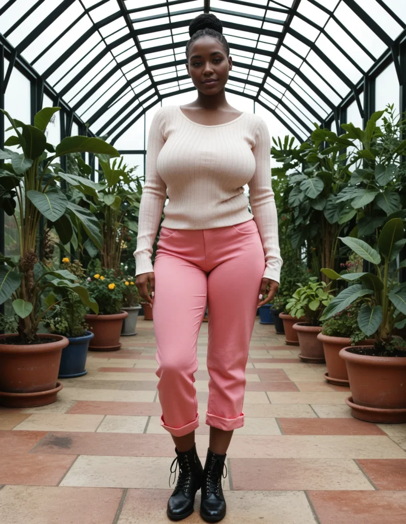 The image shows a woman standing in a greenhouse wearing a pink sweater and pink pants, with a smile on her face. She is surrounded by houseplants, giving the impression of a lush and vibrant environment.