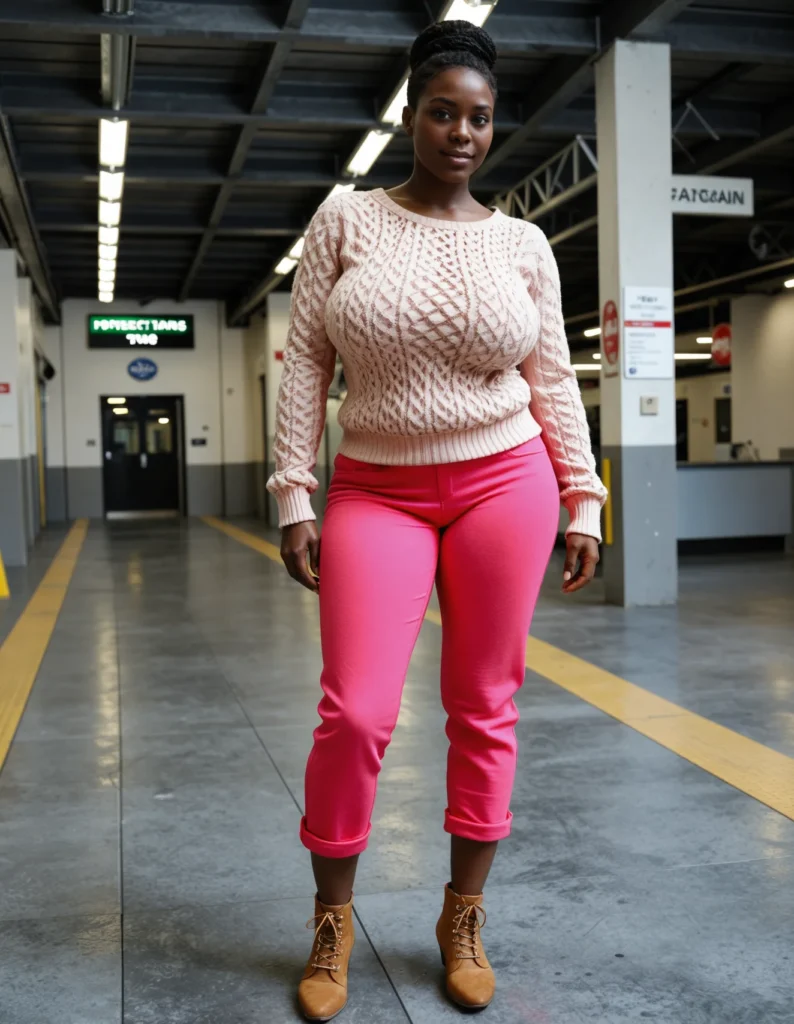 The image shows a woman standing in a parking garage wearing pink pants and a pink sweater. She is surrounded by a pillar, a signboard, a door, a roof with some ceiling lights, and a wall.