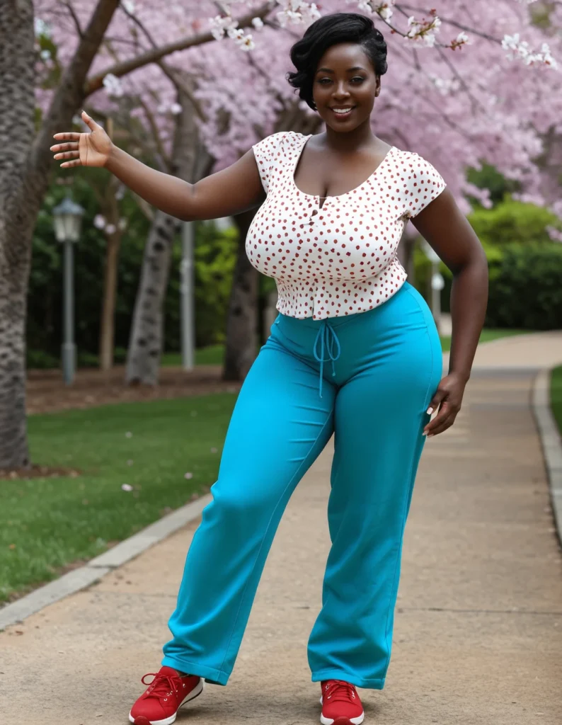 The image shows a woman standing on a sidewalk in front of a tree with pink flowers, wearing a white top and blue pants, with a smile on her face. The background of the image is filled with lush green grass, trees, plants, and light poles, creating a peaceful atmosphere.