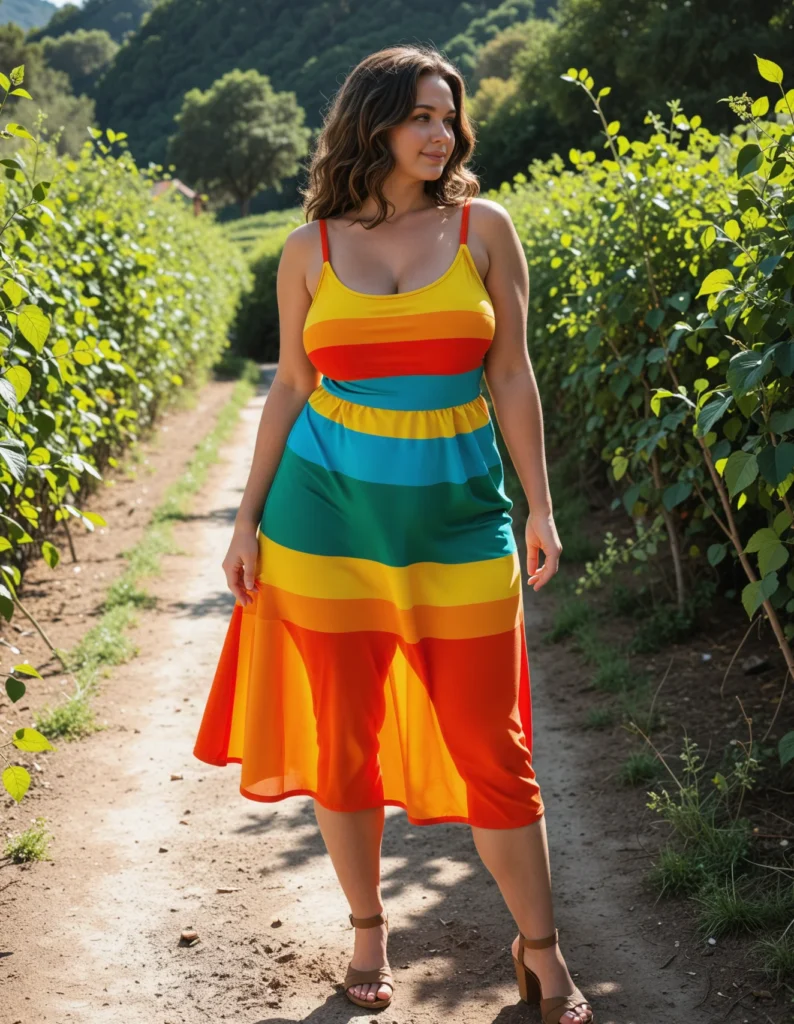 The image shows a woman standing on a dirt road surrounded by plants and trees, with a bright blue sky in the background. She is wearing a plus size rainbow midi dress, with vibrant colors of red, orange, yellow, green, blue, and purple.