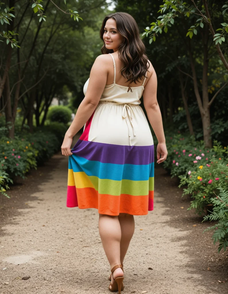 The image shows a woman walking down a path in a rainbow-colored dress, surrounded by trees and plants with flowers on either side.