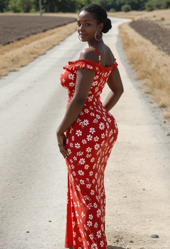 The image shows a woman standing on the side of a road, wearing a red floral maxi dress. The background of the image is filled with trees, poles, and a clear blue sky.
