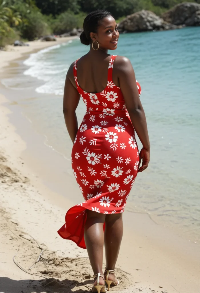 The image shows a woman standing on the seashore, wearing a red and white floral dress. The backdrop of the image is a large body of water, a group of trees, some rocks, and a cloudy sky.