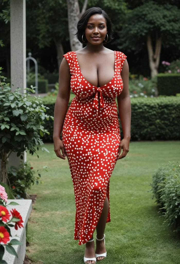The image shows a woman in a red and white polka dot dress standing in a garden surrounded by lush green grass, plants, flowers, and trees, with a pole in the background.