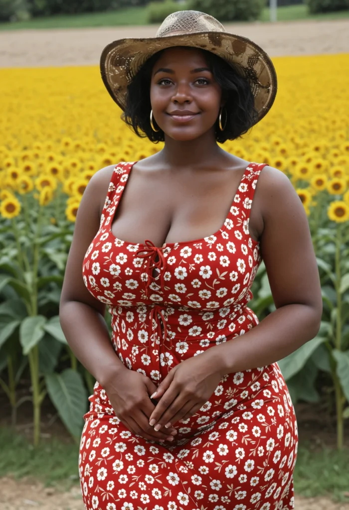 The image shows a woman in a red dress and straw hat standing in front of a field of sunflowers, with trees in the background.
