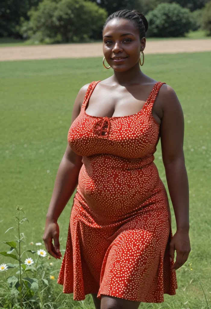 The image shows a woman in a red dress standing in a field surrounded by plants with flowers, grass, a group of trees, and a cloudy sky.