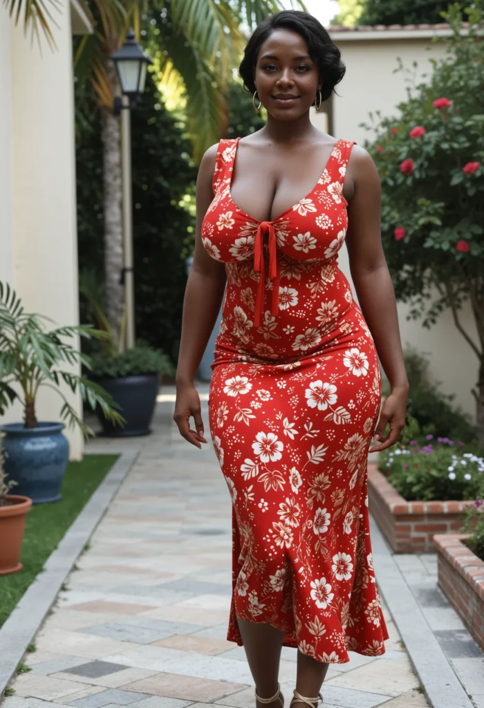 The image shows a woman in a red floral dress walking down a sidewalk surrounded by lush greenery, including trees, plants, flowers, and grass, with a light pole in the background and a clear blue sky above.