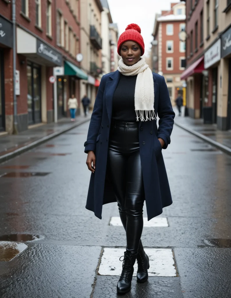 The image shows a woman standing on the road wearing a red beanie, black leather pants, a navy coat, and a white scarf. In the background, there are buildings with windows, sign boards with text, and people walking on the footpath. The sky is visible at the top of the image.