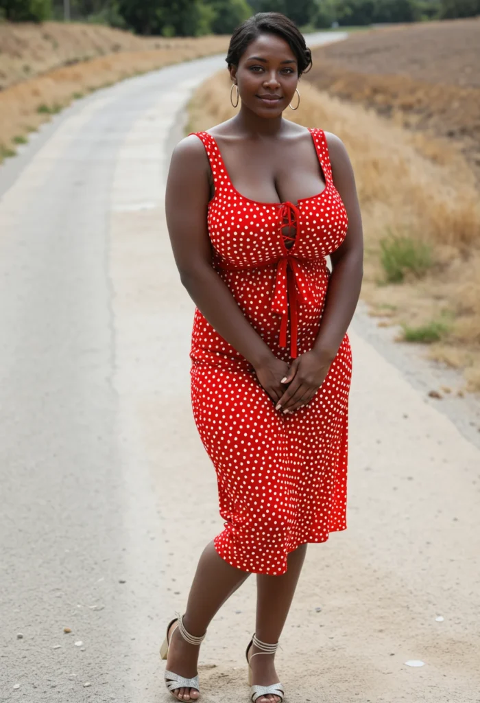 The image shows a woman in a red polka dot dress standing on a road surrounded by trees and dry grass.