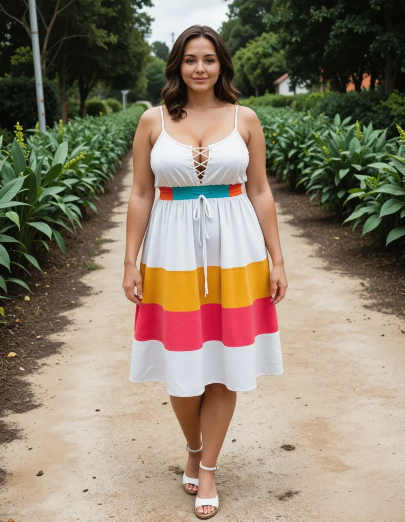 The image shows a woman standing on a path surrounded by plants, trees, and a house in the background, with a bright blue sky above. She is wearing a white dress with a rainbow of colors, including red, orange, yellow, green, blue, and purple.