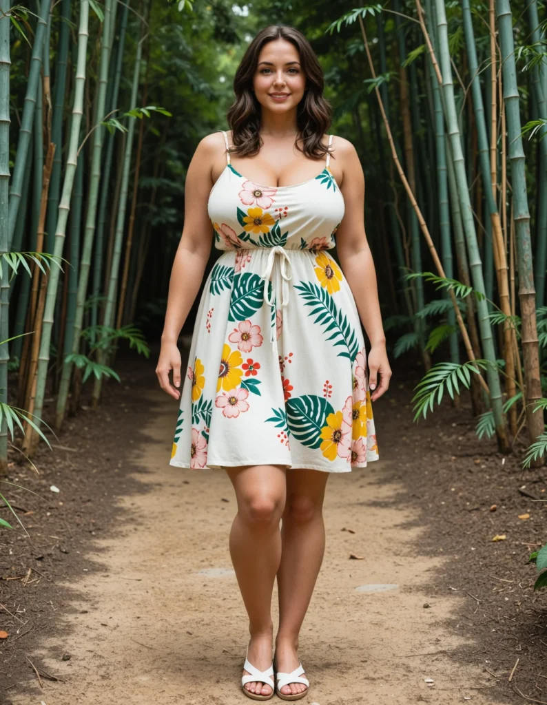 The image shows a woman standing in the middle of a bamboo forest, wearing a white dress with a tropical print. The trees in the background are tall and lush, creating a peaceful atmosphere.