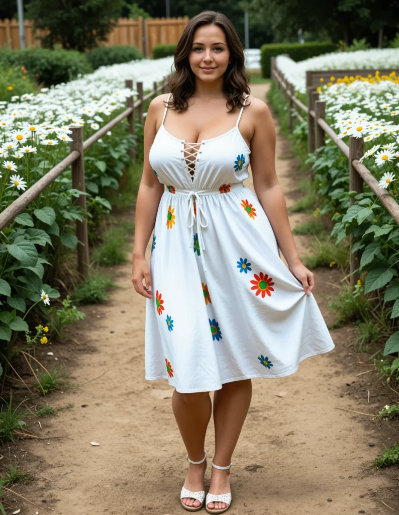 The image shows a woman standing in front of a field of daisies, wearing a white dress and sandals. The background of the image includes a fence, plants, flowers, trees, and a clear blue sky.