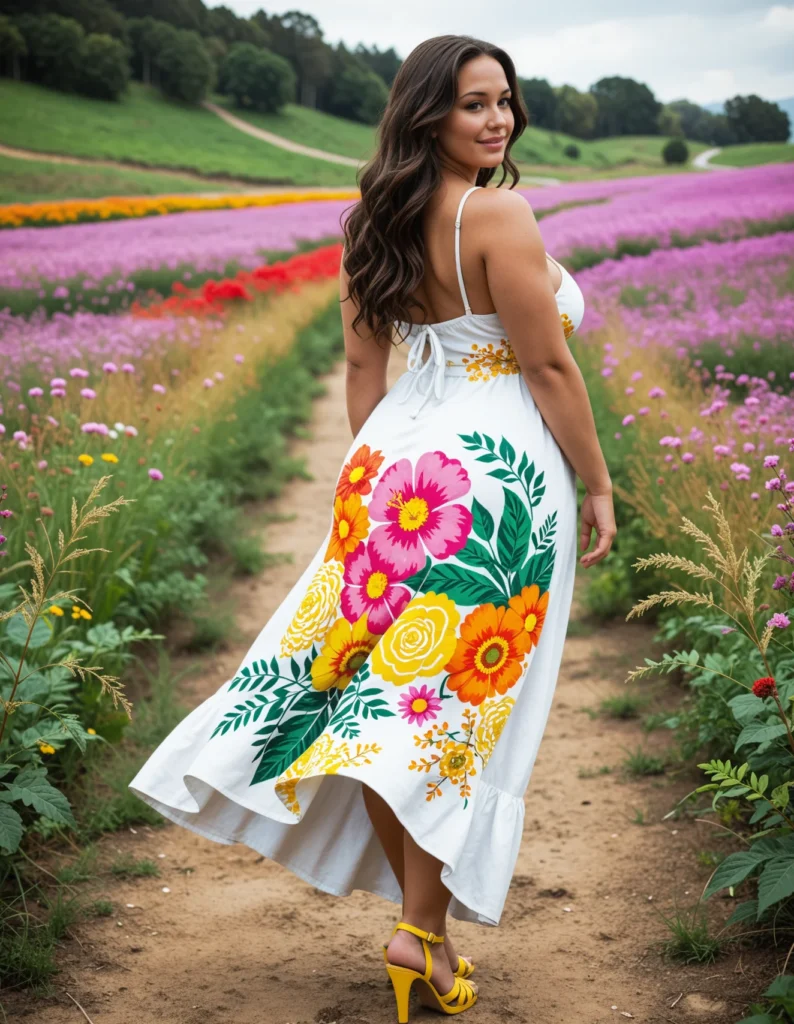 The image shows a woman standing in a field of vibrant flowers, wearing a white dress and yellow sandals, with a bright smile on her face. The background of the image is filled with lush green grass, tall trees, and fluffy white clouds in the sky.