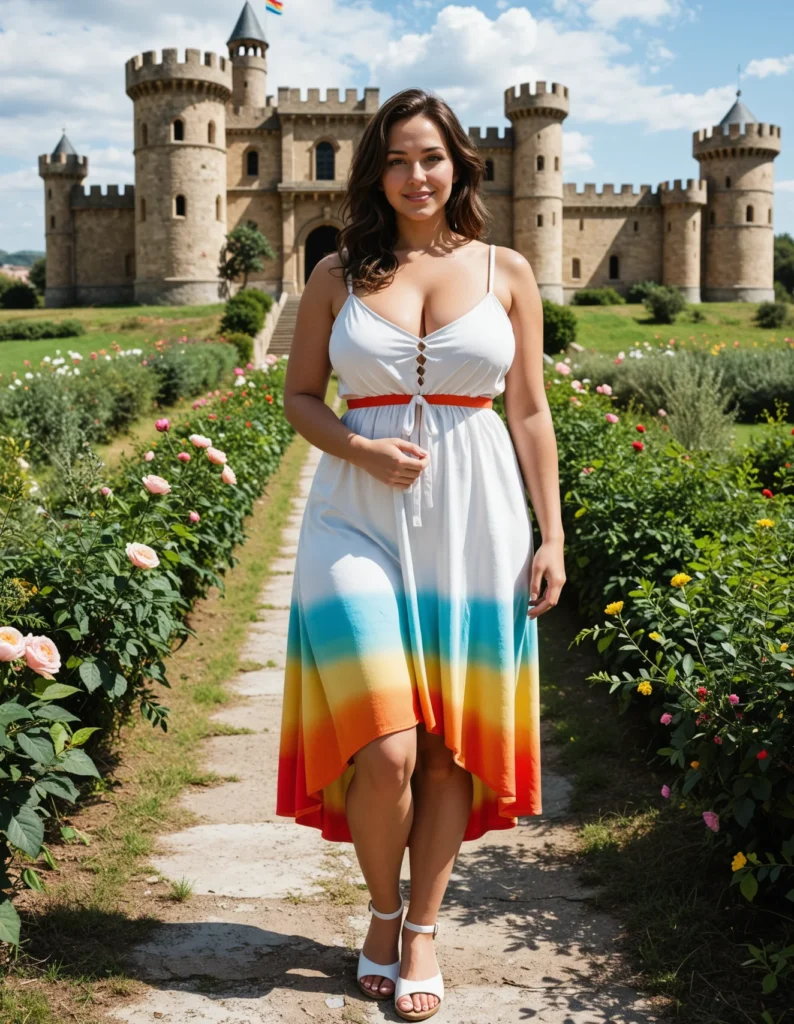The image shows a woman standing in front of a castle, wearing a white dress with a rainbow of colors. The castle is surrounded by lush green grass, plants with colorful flowers, and trees. The sky is cloudy, adding to the atmosphere of the scene.