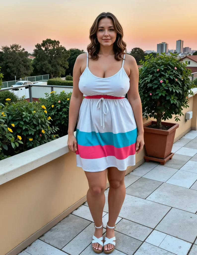The image shows a woman standing on a balcony with a bright smile on her face. She is wearing a white dress with a colorful stripe pattern, and there is a houseplant to her right. In the background, there are trees, buildings, and a clear blue sky.