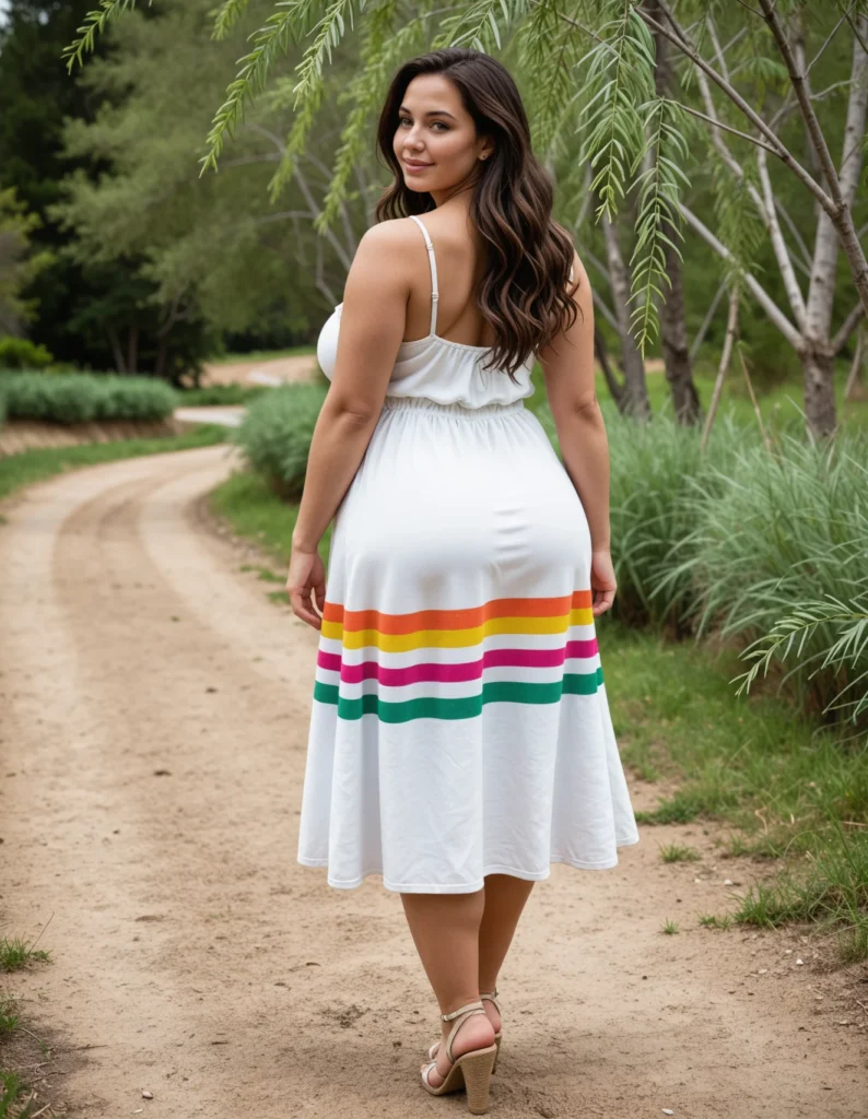 The image shows a woman standing on a dirt road surrounded by trees and plants, wearing a white midi dress with a rainbow of colors.