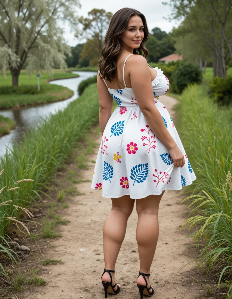 The image shows a woman standing on a dirt road next to a river, wearing a white dress with a floral print. The background of the image is filled with lush green grass, plants, trees, and a house, all beneath a bright blue sky.