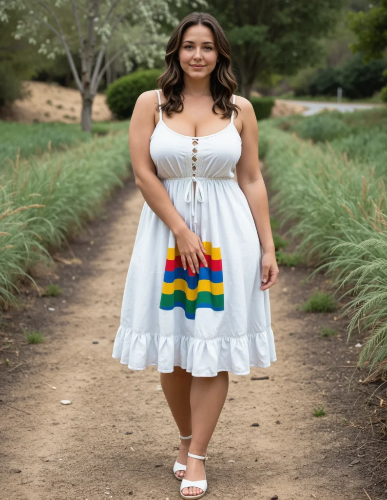 The image shows a woman standing on a dirt road surrounded by plants and trees, wearing a white dress with a rainbow of colors.