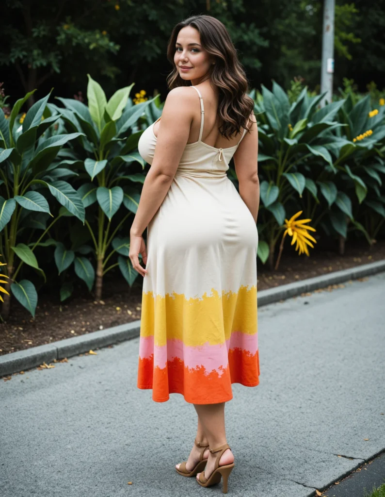 The image shows a woman standing on the road wearing an orange and yellow ombre midi dress, surrounded by plants and trees with a pole in the background.