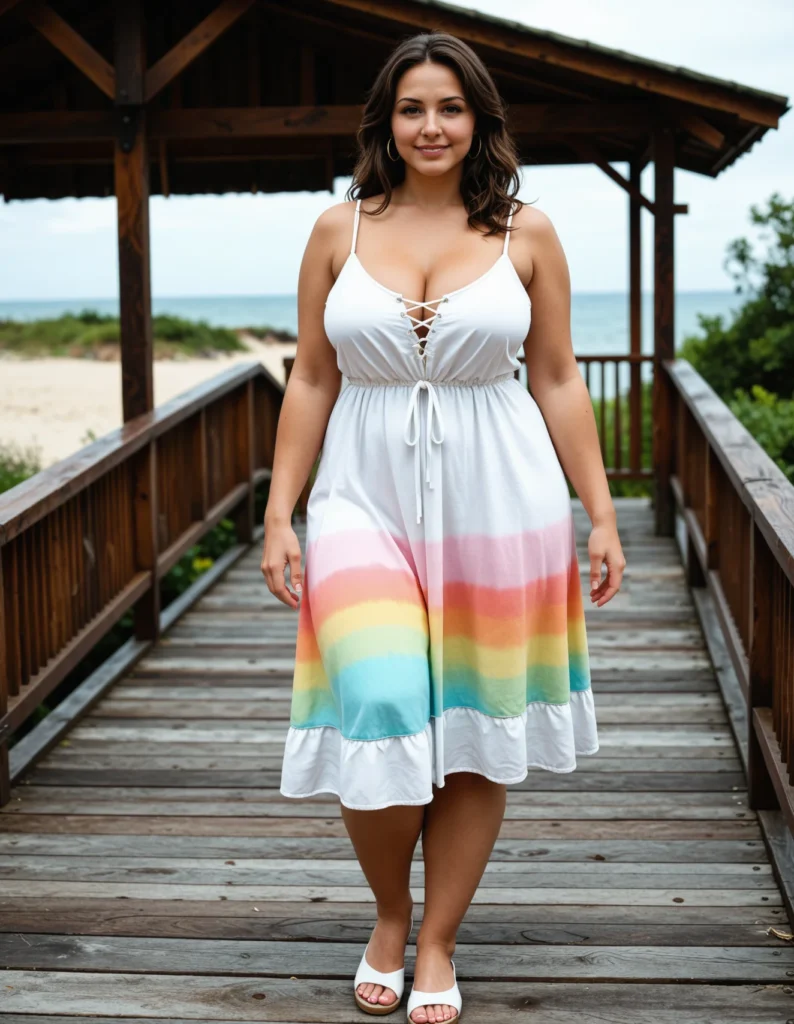 The image shows a woman standing on a wooden bridge, smiling, wearing a white dress with a rainbow of colors. The background of the image is filled with lush greenery, trees, and a clear blue sky.