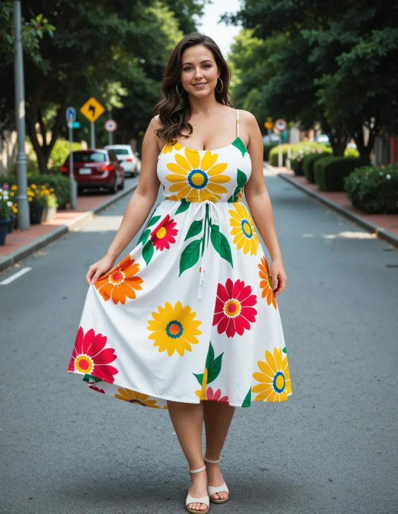 The image shows a woman standing on the street wearing a white dress with yellow and red flowers. In the background, there are vehicles, sign boards, poles, plants, trees, and a clear blue sky.