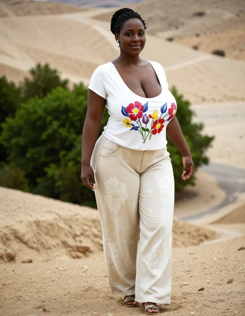 The image shows a woman standing in the desert wearing a white t-shirt and wide-legged pants. The background of the image is filled with sand, trees, and a clear blue sky.